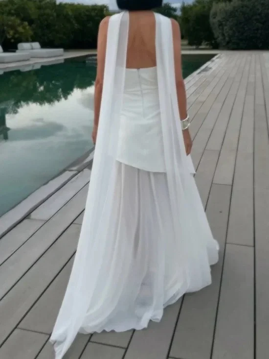 NEVER WORN - Elegant White Strapless Chiffon Asymmetrical Maxi Dress - Picture 5 of 6